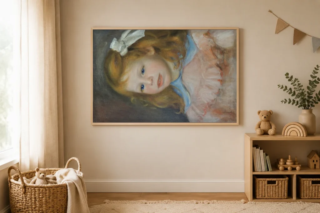 Framed print of Portrait of Jean hanging on a wall in a furnished room