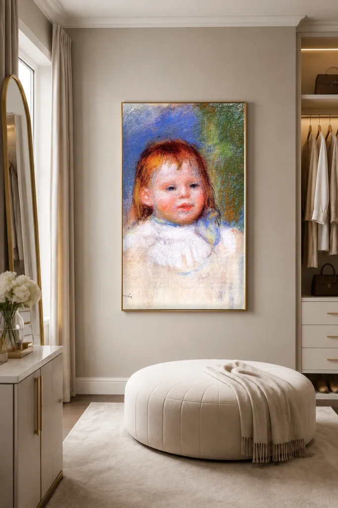 Framed print of Portrait of Jean Renoir as a Child, Sketch hanging on a wall in a furnished room