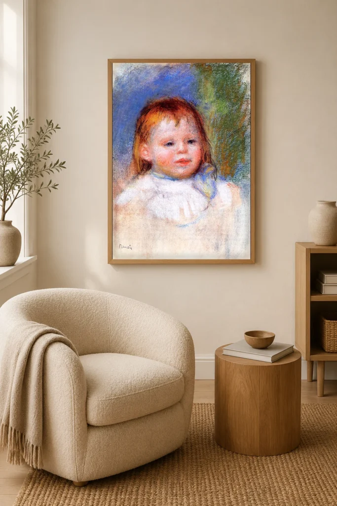 Framed print of Portrait of Jean Renoir as a Child, Sketch hanging on a wall in a furnished room
