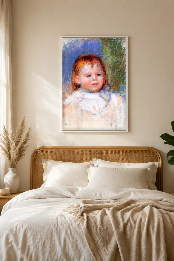 Framed print of Portrait of Jean Renoir as a Child, Sketch hanging on a wall in a furnished room