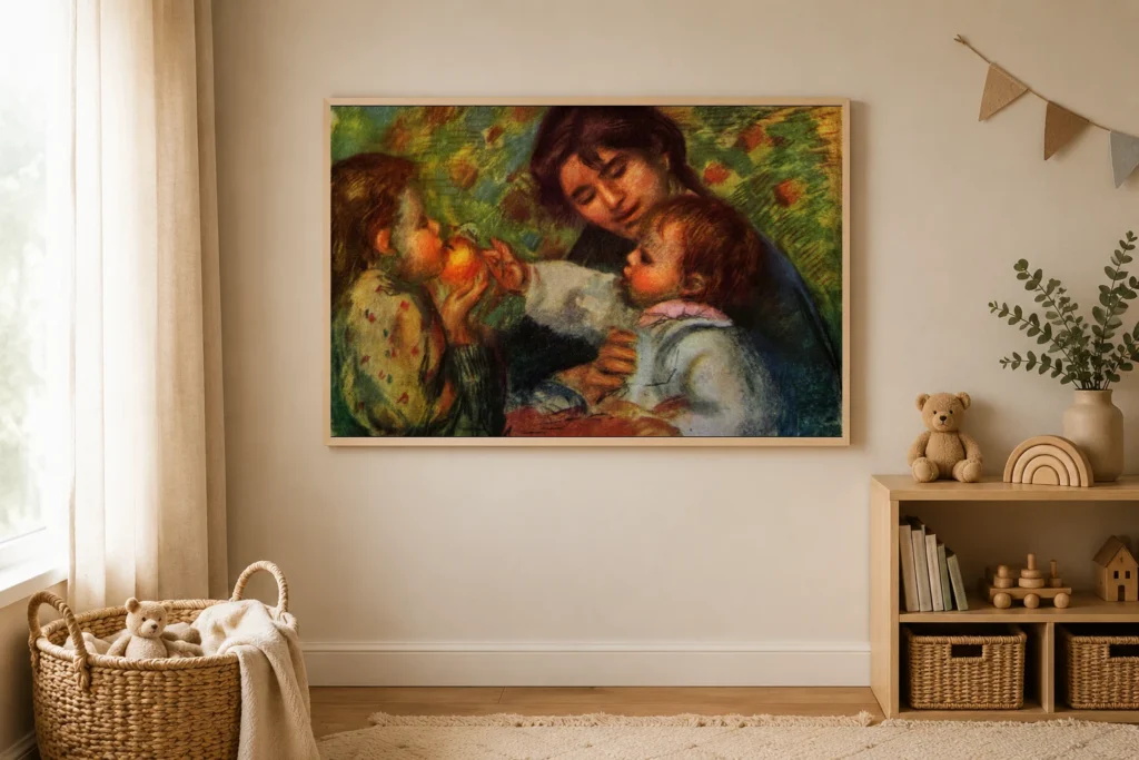 Framed print of Portrait of Jean Renoir and Gabrielle hanging on a wall in a furnished room