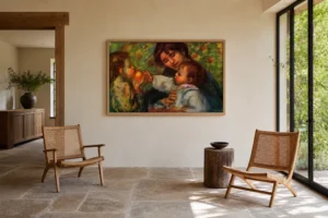 Framed print of Portrait of Jean Renoir and Gabrielle hanging on a wall in a furnished room