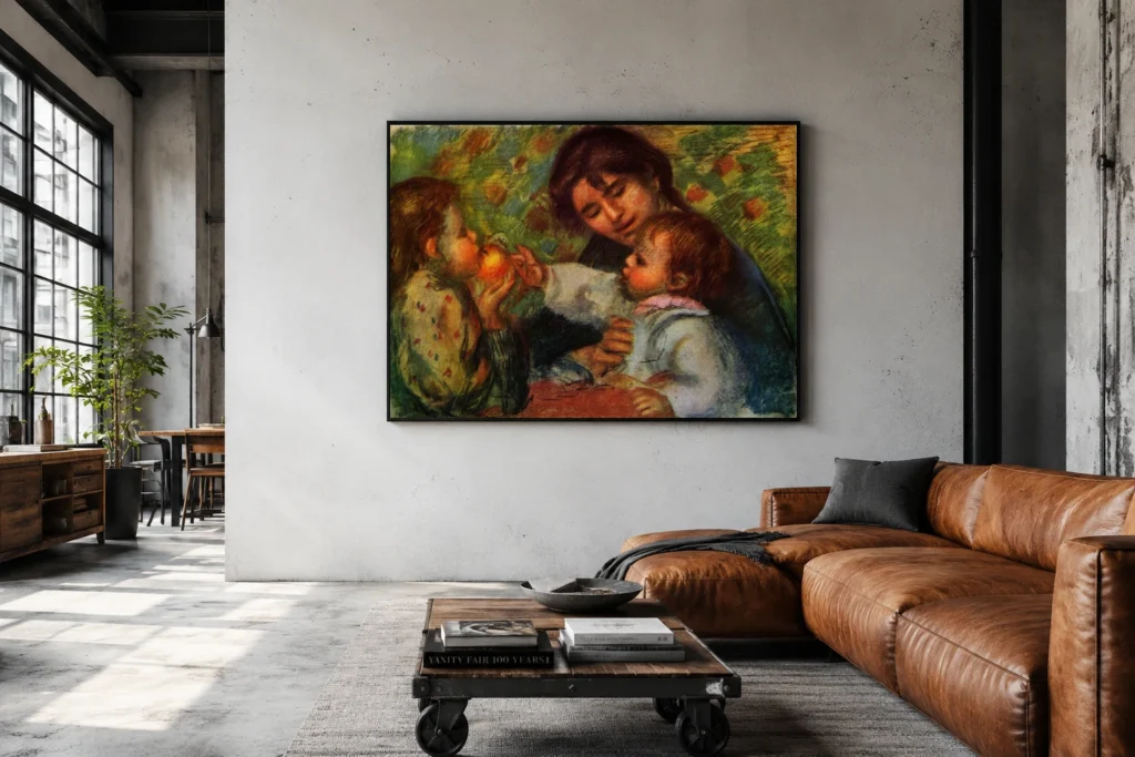 Framed print of Portrait of Jean Renoir and Gabrielle hanging on a wall in a furnished room