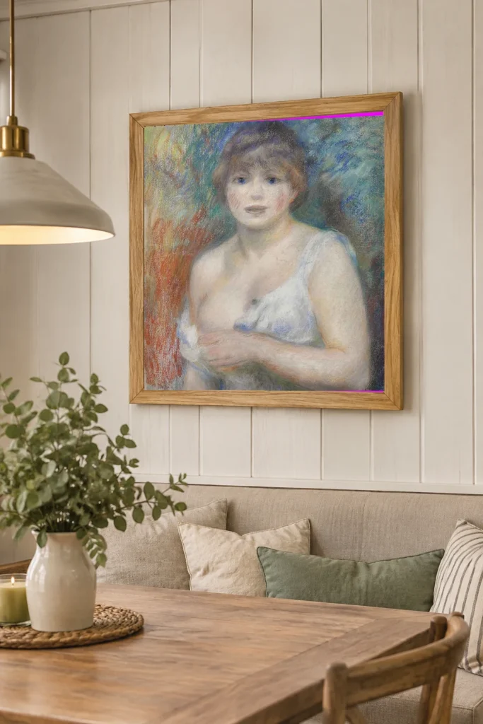 Framed print of Portrait of Jeanne Samary hanging on a wall in a furnished room