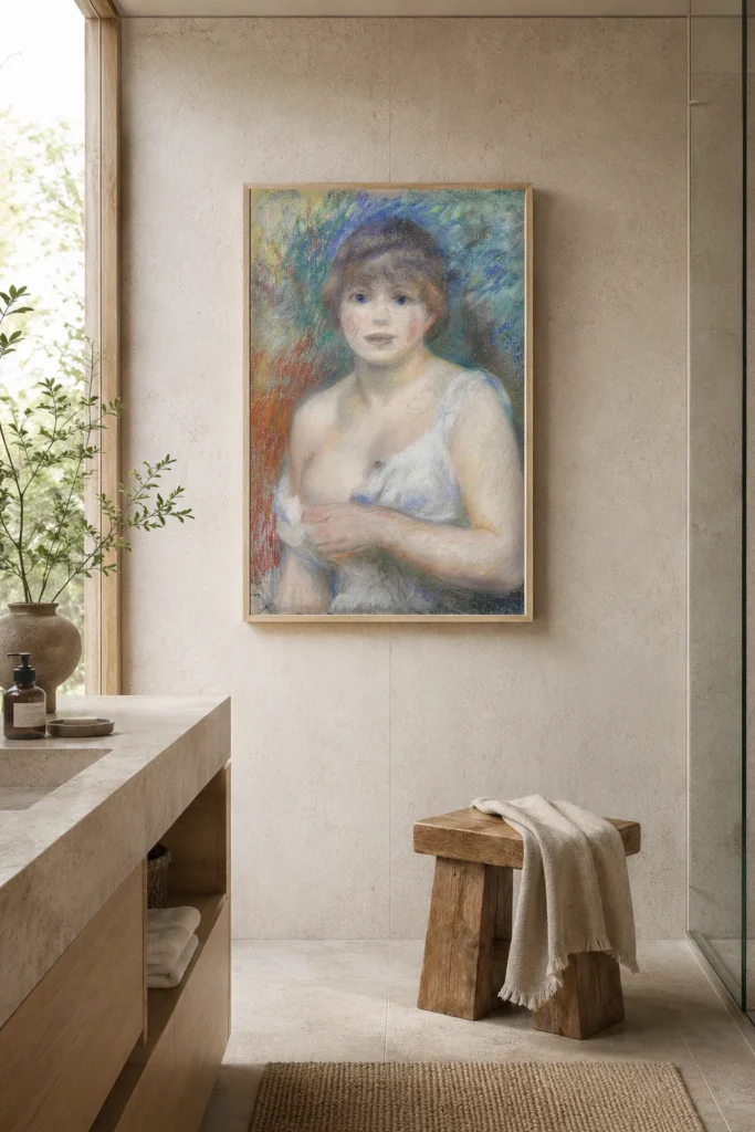 Framed print of Portrait of Jeanne Samary hanging on a wall in a furnished room
