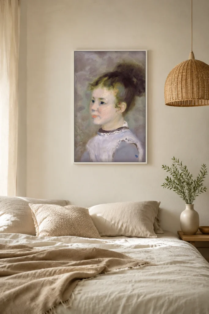 Framed print of Portrait de Jeanne Sisley hanging on a wall in a furnished room