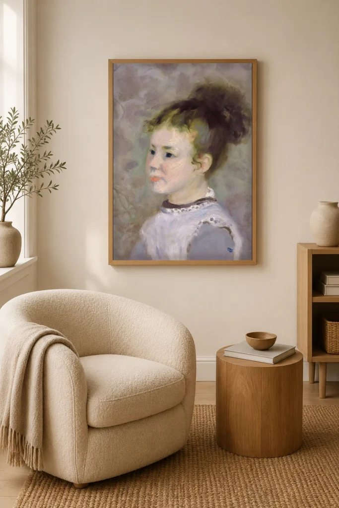 Framed print of Portrait de Jeanne Sisley hanging on a wall in a furnished room