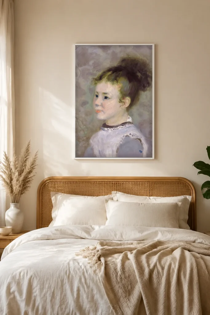Framed print of Portrait de Jeanne Sisley hanging on a wall in a furnished room