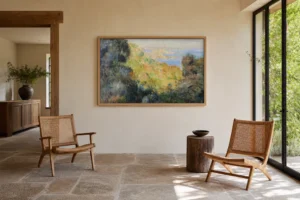 Framed print of Bay of Salerno hanging on a wall in a furnished room