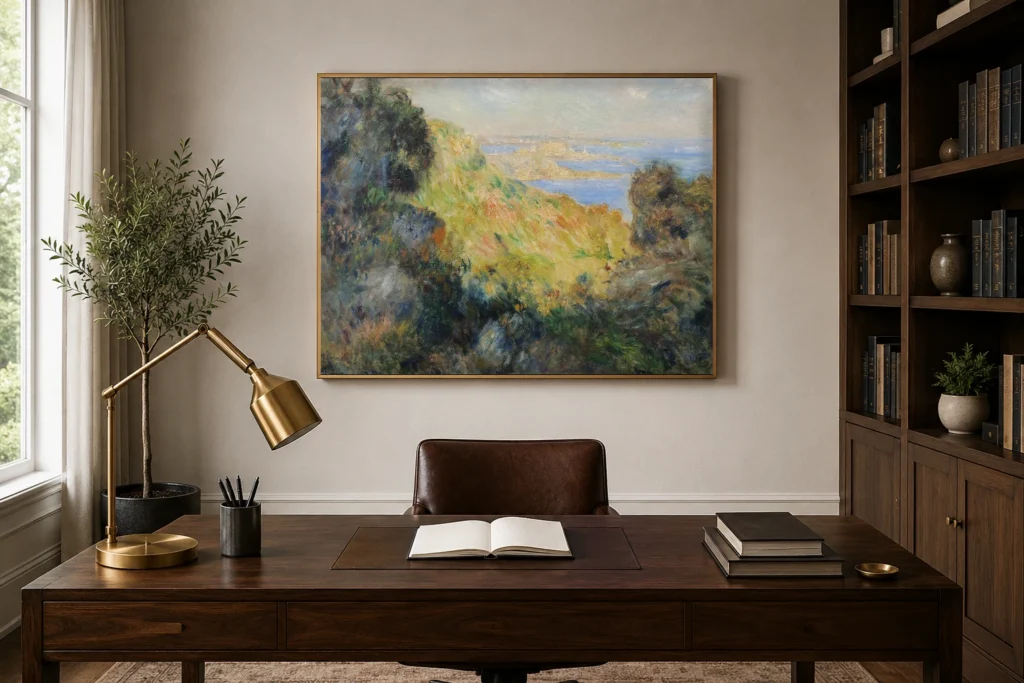 Framed print of Bay of Salerno hanging on a wall in a furnished room