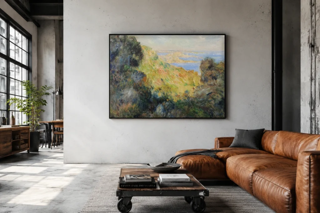 Framed print of Bay of Salerno hanging on a wall in a furnished room