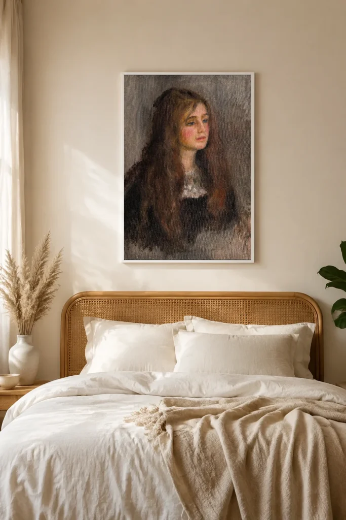 Framed print of Portrait of Julie Manet hanging on a wall in a furnished room