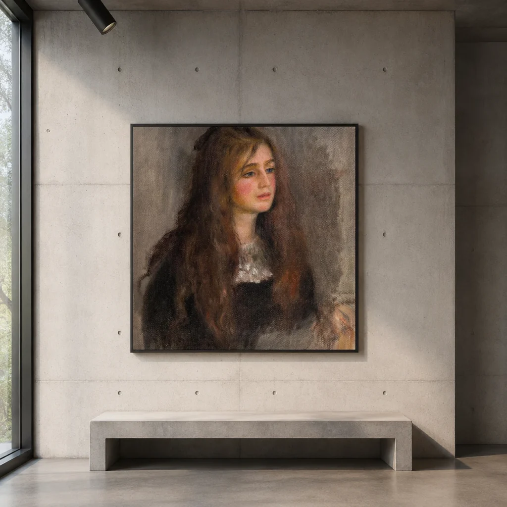Framed print of Portrait of Julie Manet hanging on a wall in a furnished room