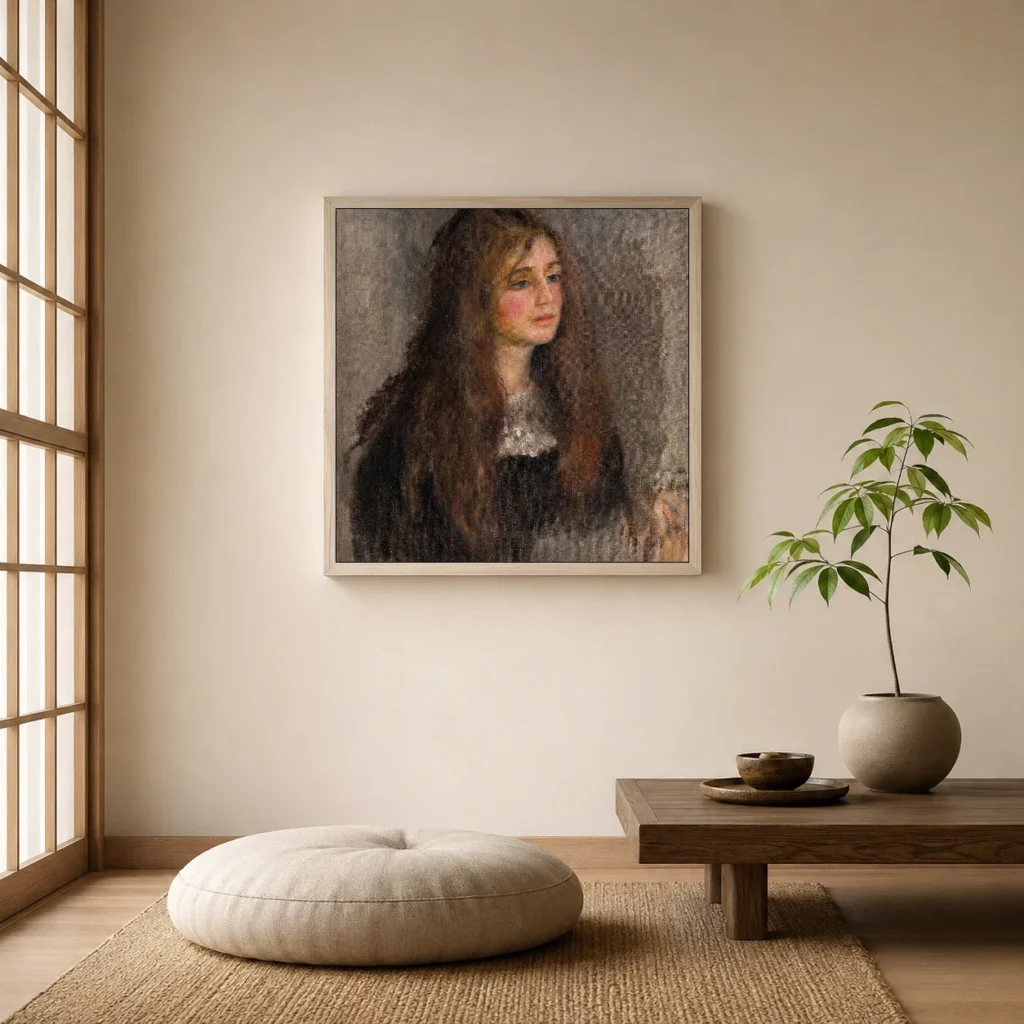 Framed print of Portrait of Julie Manet hanging on a wall in a furnished room
