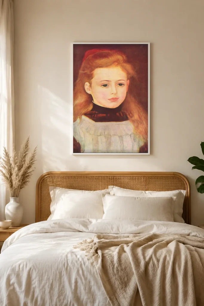 Framed print of Portrait de Lucie Bérard hanging on a wall in a furnished room