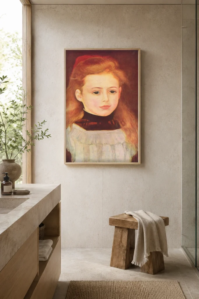 Framed print of Portrait de Lucie Bérard hanging on a wall in a furnished room