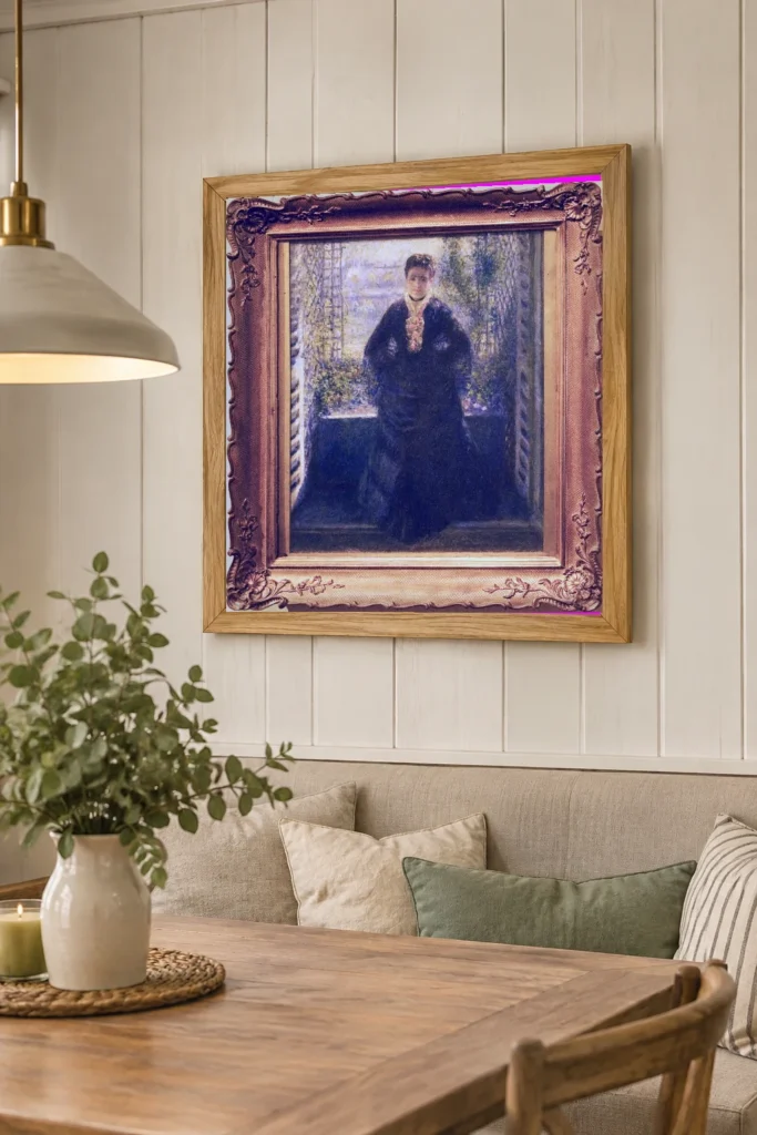 Framed print of Portrait of Madame Chocquet at the Window hanging on a wall in a furnished room