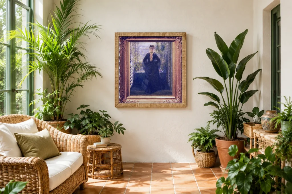 Framed print of Portrait of Madame Chocquet at the Window hanging on a wall in a furnished room
