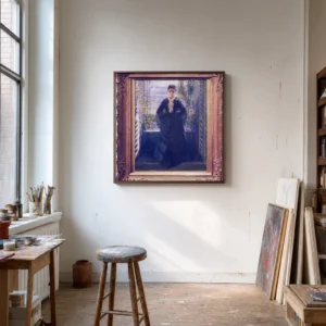 Framed print of Portrait of Madame Chocquet at the Window hanging on a wall in a furnished room