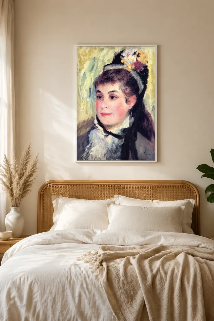 Framed print of Portrait of Madame Edmond Renoir hanging on a wall in a furnished room