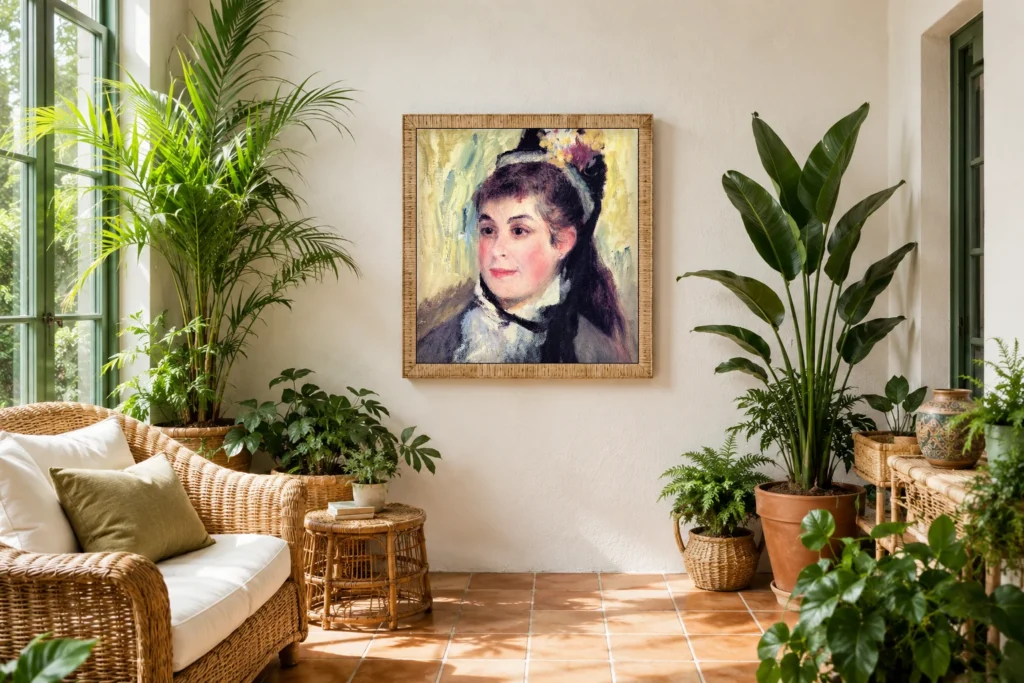 Framed print of Portrait of Madame Edmond Renoir hanging on a wall in a furnished room