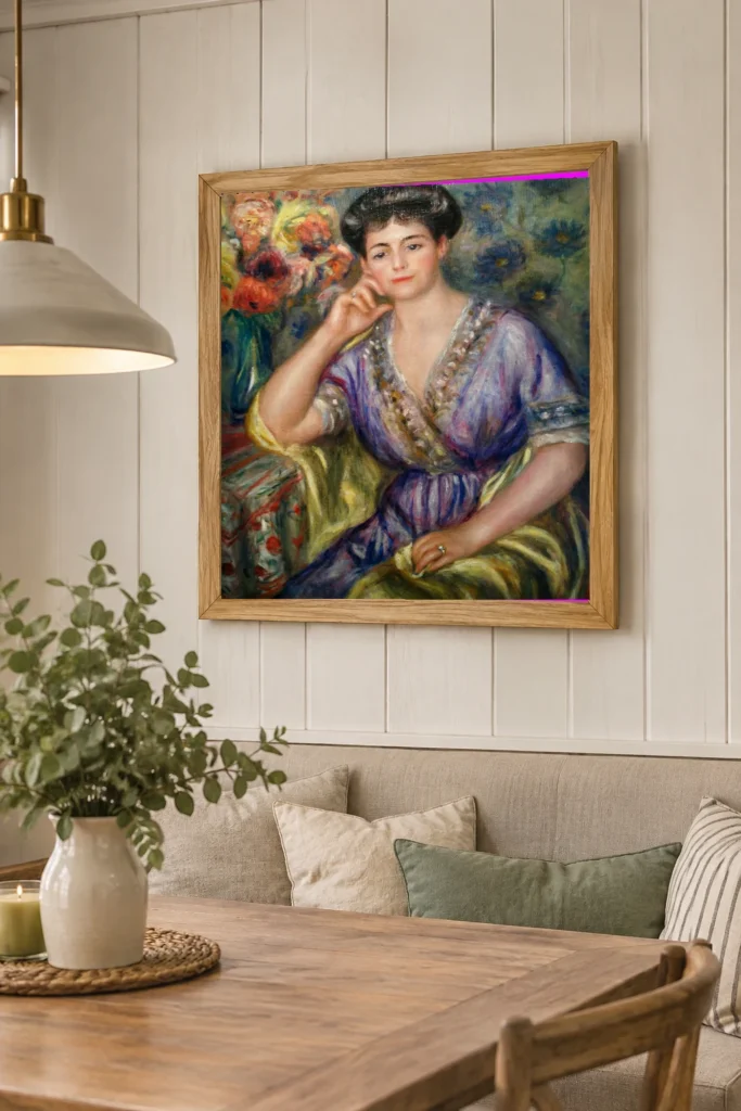 Framed print of Portrait of Madame Joseph Durand Ruel hanging on a wall in a furnished room