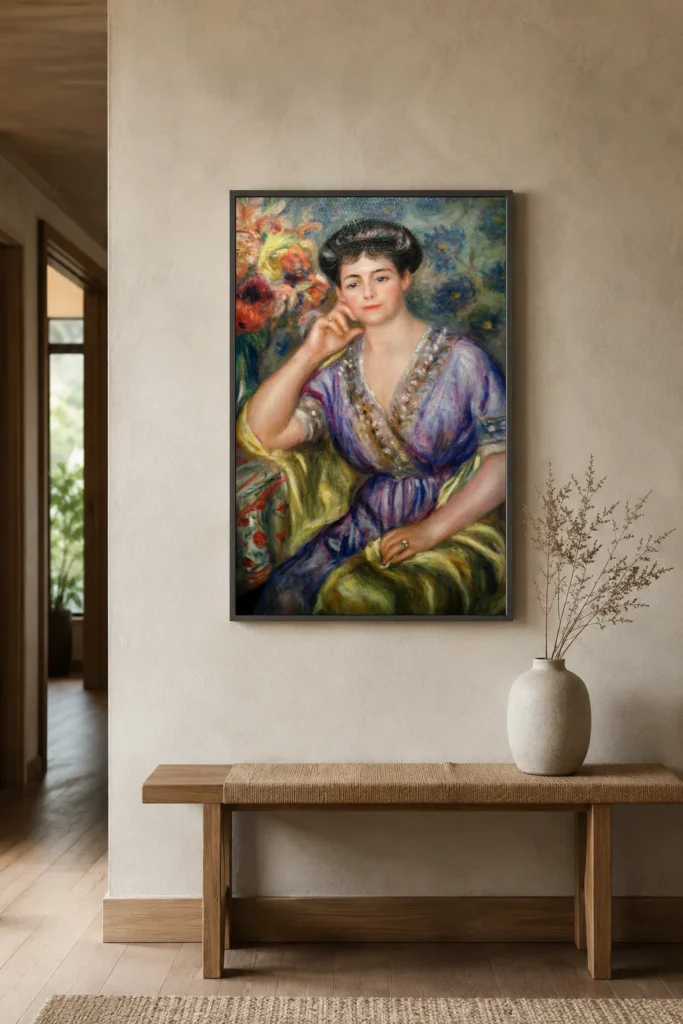Framed print of Portrait of Madame Joseph Durand Ruel hanging on a wall in a furnished room