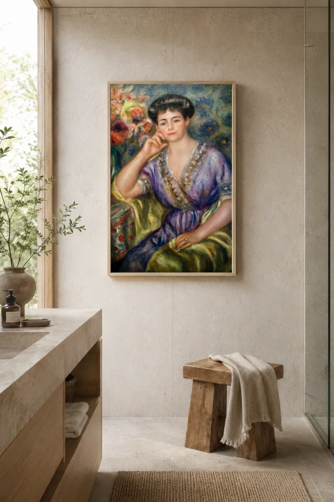 Framed print of Portrait of Madame Joseph Durand Ruel hanging on a wall in a furnished room