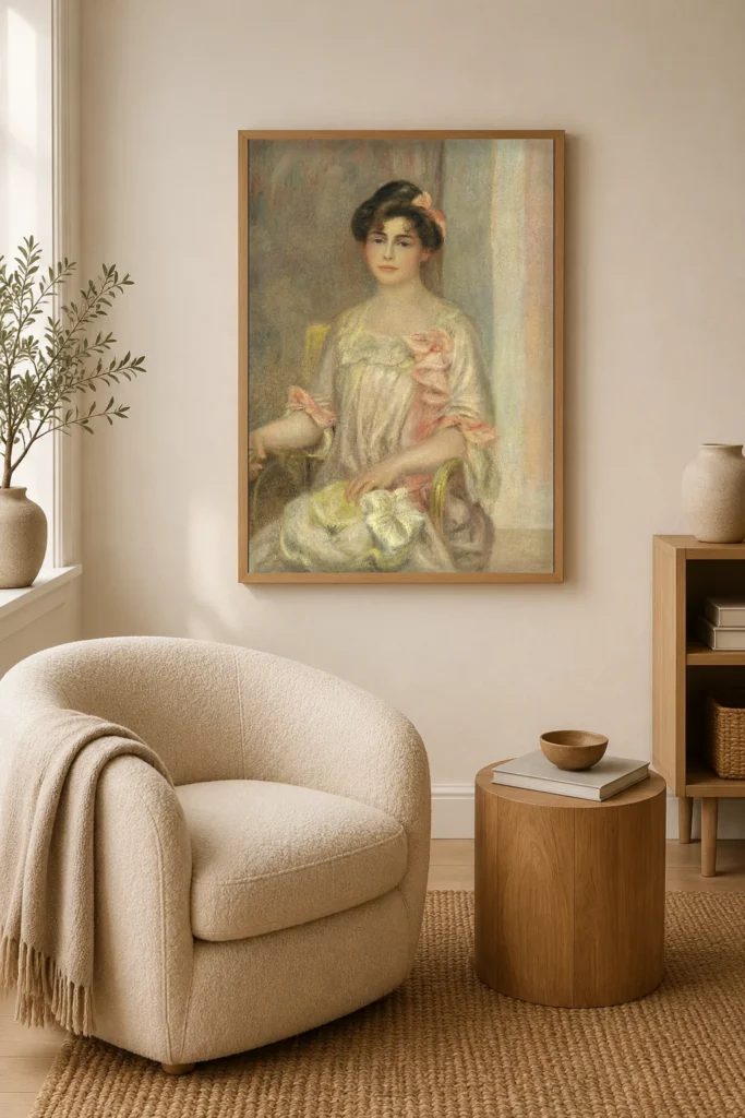 Framed print of Portrait of Madame Josse Bernheim-Dauberville hanging on a wall in a furnished room
