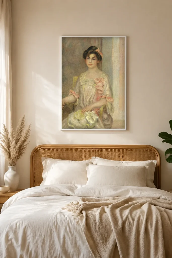 Framed print of Portrait of Madame Josse Bernheim-Dauberville hanging on a wall in a furnished room