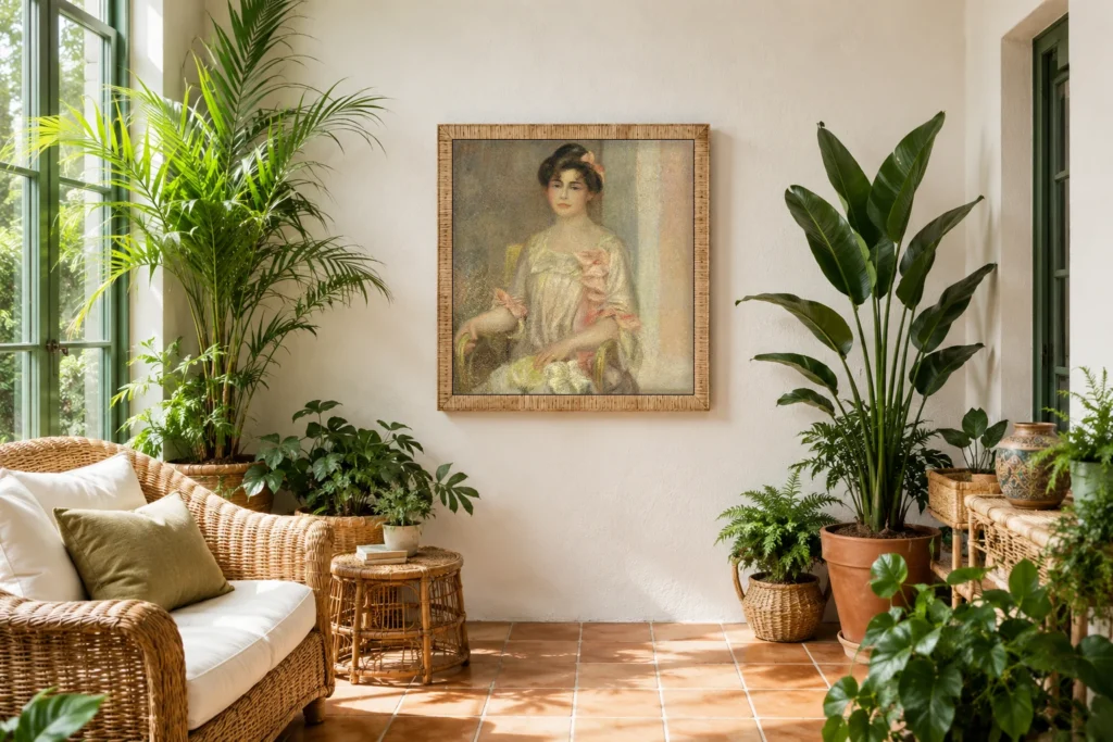 Framed print of Portrait of Madame Josse Bernheim-Dauberville hanging on a wall in a furnished room