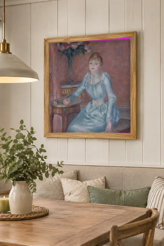 Framed print of Portrait de Madame de Bonnières hanging on a wall in a furnished room