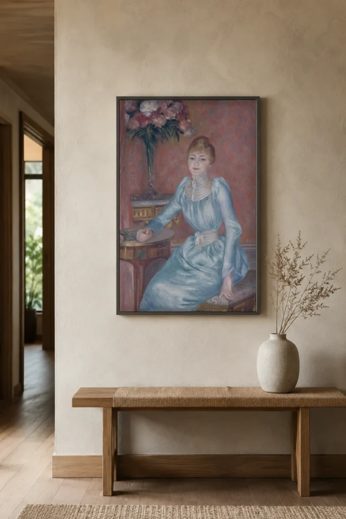 Framed print of Portrait de Madame de Bonnières hanging on a wall in a furnished room