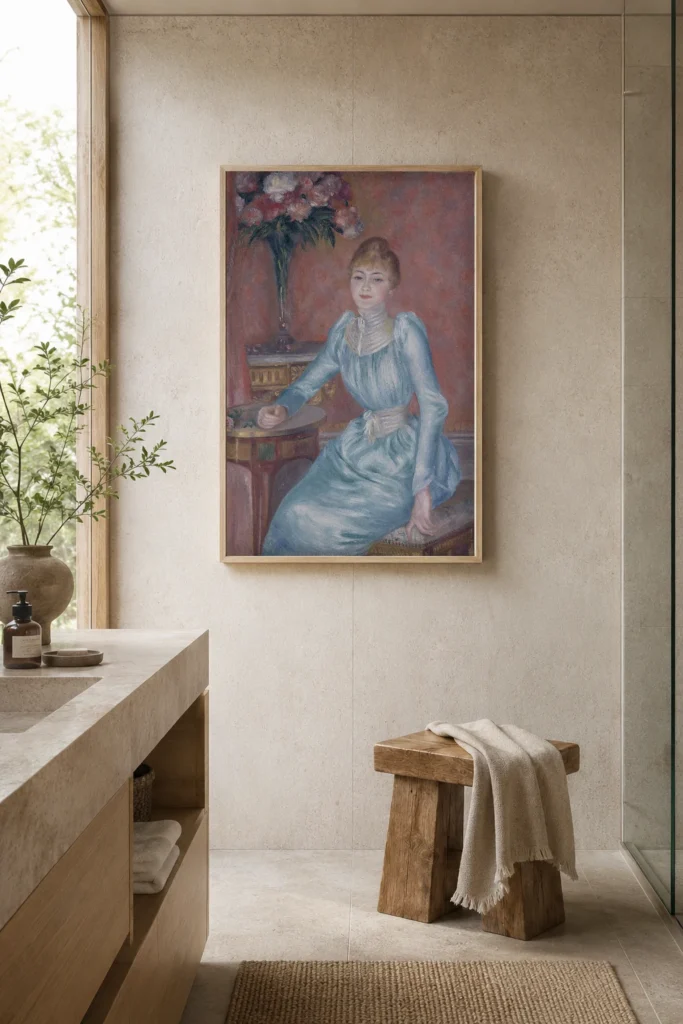 Framed print of Portrait de Madame de Bonnières hanging on a wall in a furnished room