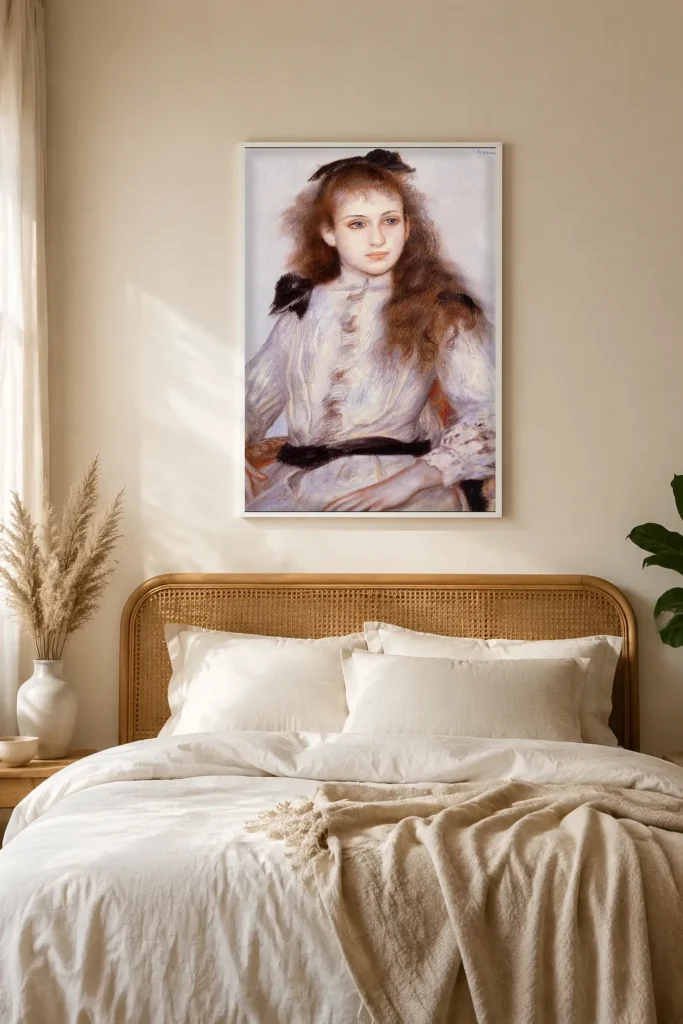 Framed print of Portrait of Madeleine Adam hanging on a wall in a furnished room