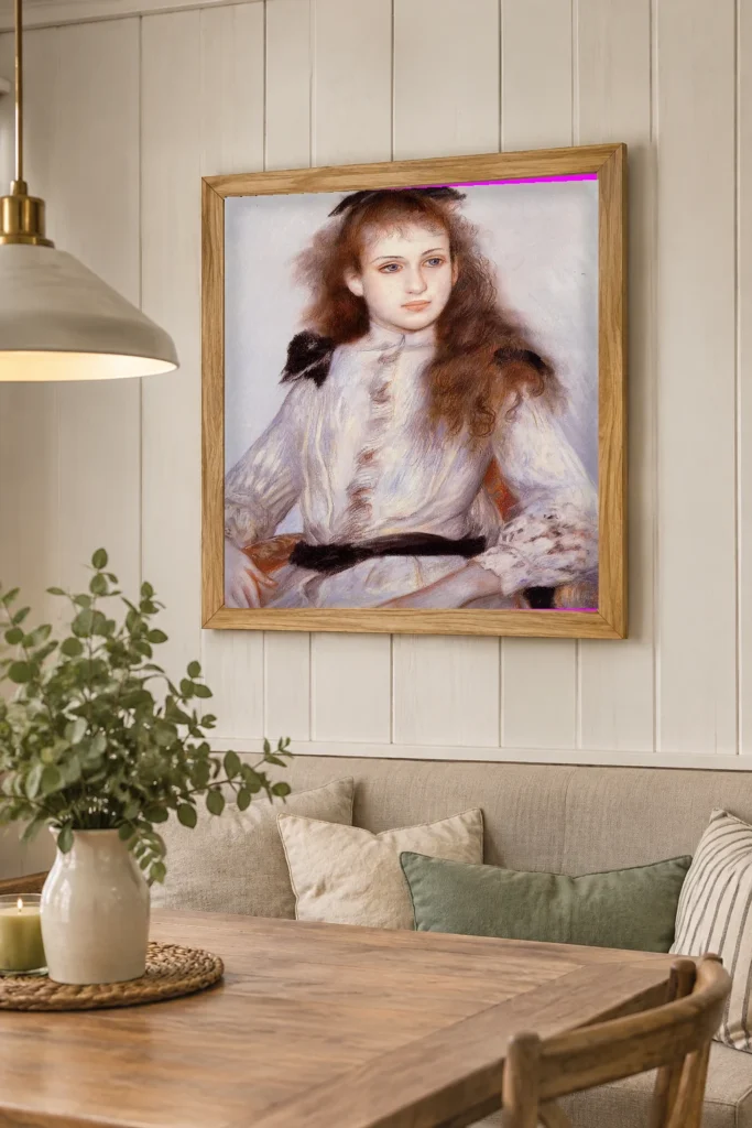 Framed print of Portrait of Madeleine Adam hanging on a wall in a furnished room