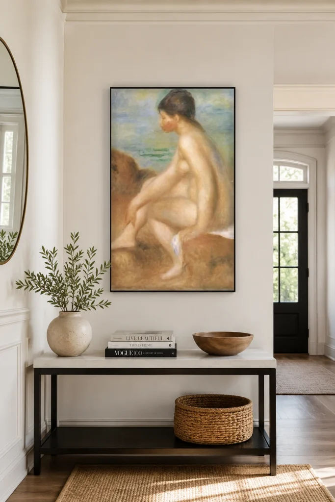 Framed print of Bather hanging on a wall in a furnished room