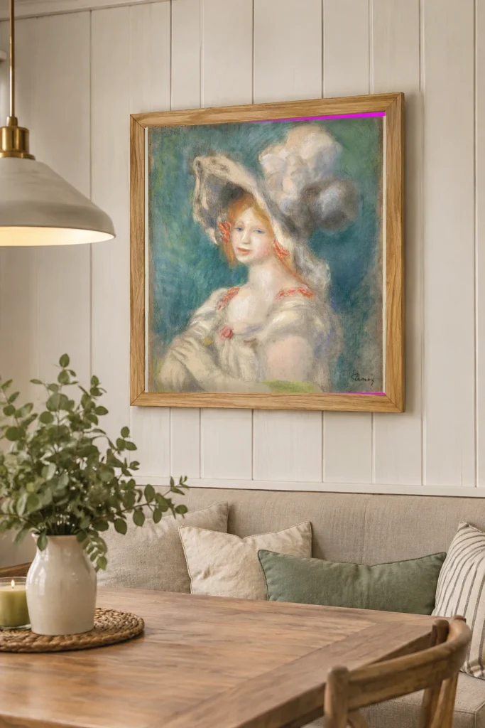 Framed print of Portrait de Mademoiselle Amélie Diéterle au chapeau blanc hanging on a wall in a furnished room