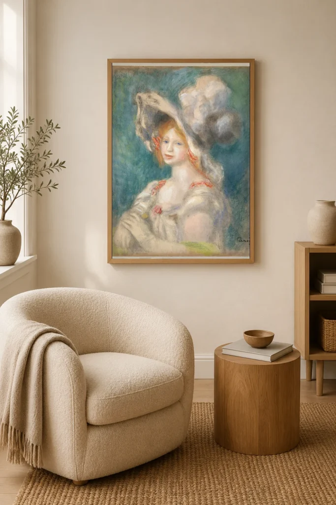 Framed print of Portrait de Mademoiselle Amélie Diéterle au chapeau blanc hanging on a wall in a furnished room