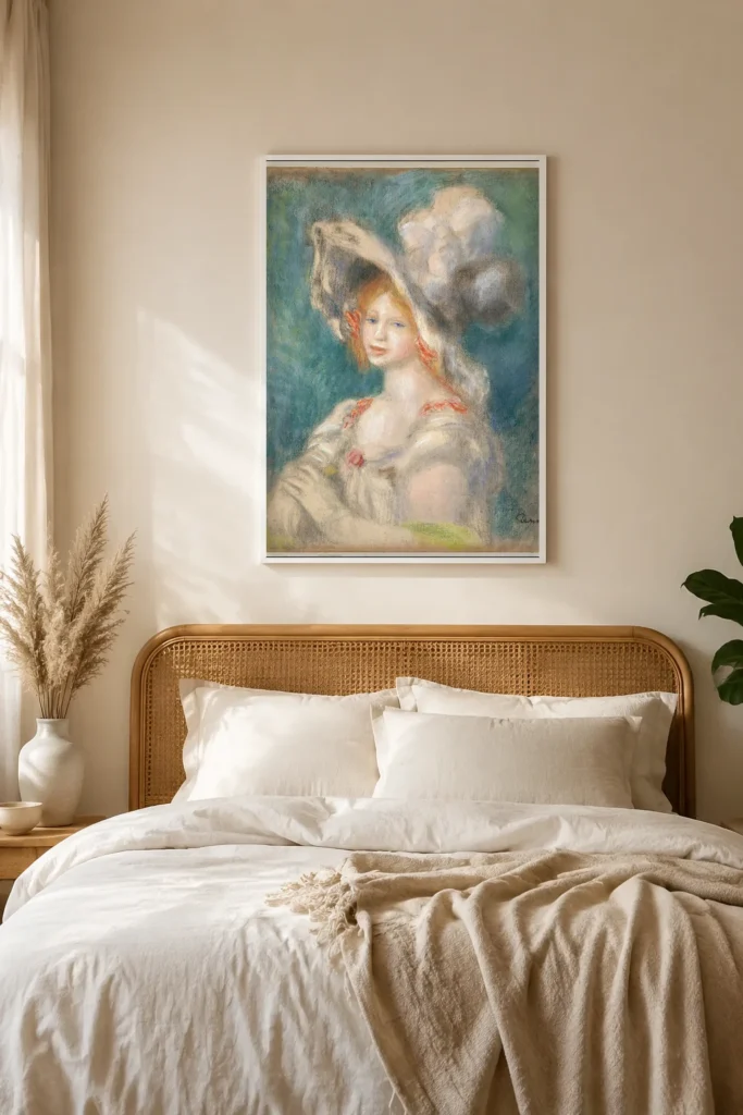 Framed print of Portrait de Mademoiselle Amélie Diéterle au chapeau blanc hanging on a wall in a furnished room