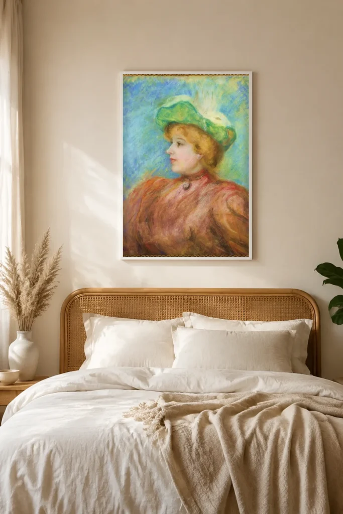 Framed print of Portrait de Mademoiselle Amélie Diéterle au chapeau vert hanging on a wall in a furnished room
