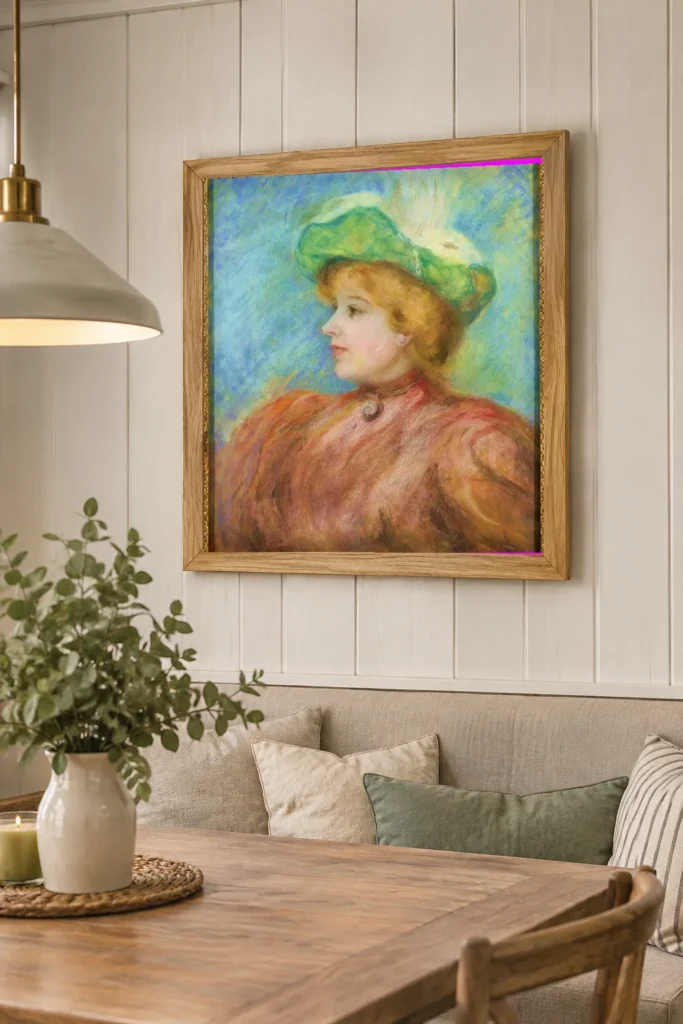 Framed print of Portrait de Mademoiselle Amélie Diéterle au chapeau vert hanging on a wall in a furnished room