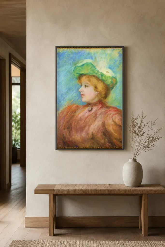 Framed print of Portrait de Mademoiselle Amélie Diéterle au chapeau vert hanging on a wall in a furnished room