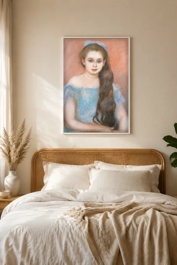 Framed print of Portrait of Mademoiselle Suzanne Adam hanging on a wall in a furnished room