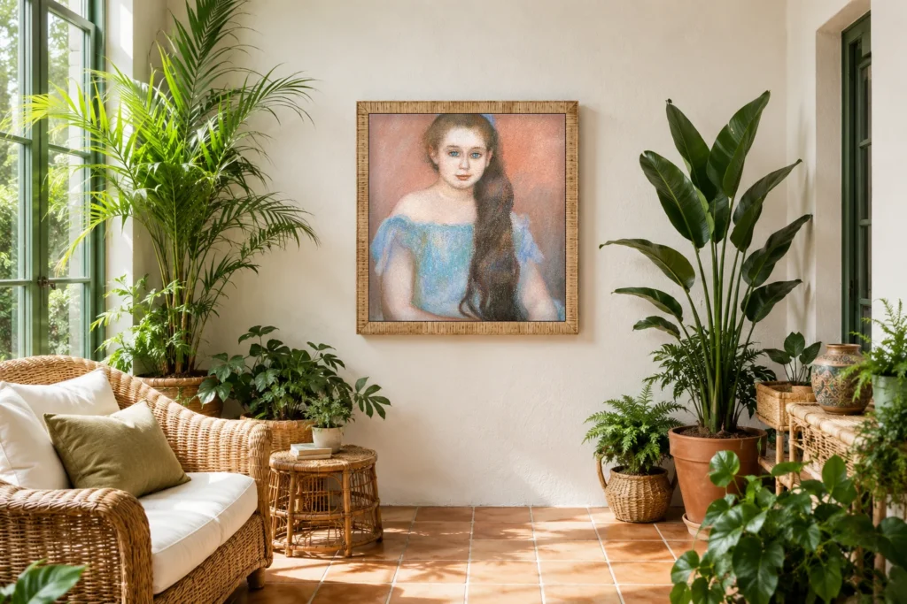 Framed print of Portrait of Mademoiselle Suzanne Adam hanging on a wall in a furnished room