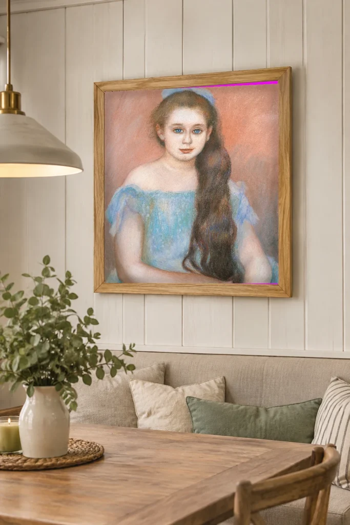 Framed print of Portrait of Mademoiselle Suzanne Adam hanging on a wall in a furnished room