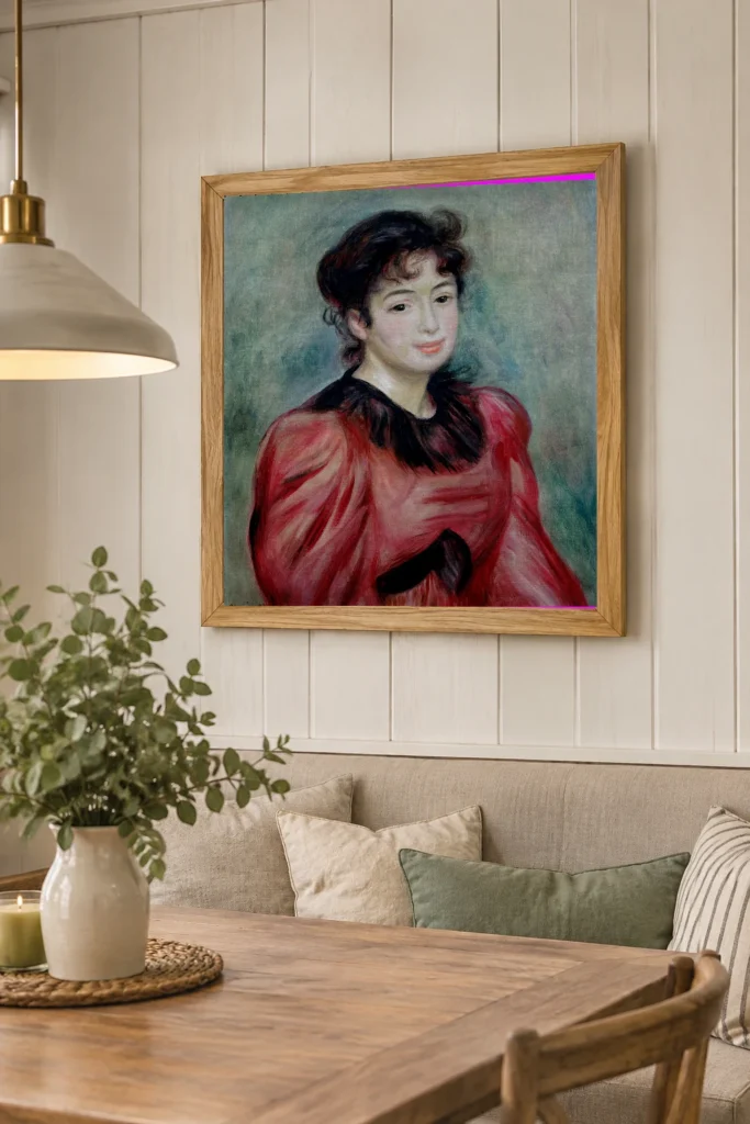 Framed print of Portrait of Mademoiselle Victorine de Bellio hanging on a wall in a furnished room