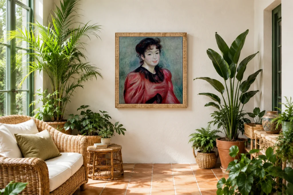 Framed print of Portrait of Mademoiselle Victorine de Bellio hanging on a wall in a furnished room