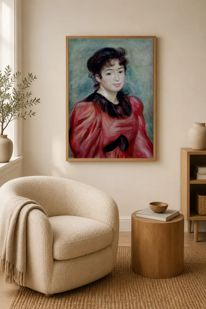 Framed print of Portrait of Mademoiselle Victorine de Bellio hanging on a wall in a furnished room