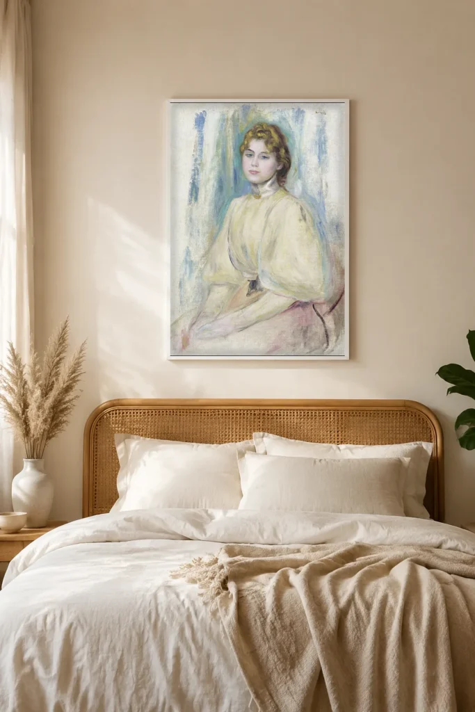 Framed print of Portrait de Mademoiselle Yvonne Lerolle hanging on a wall in a furnished room